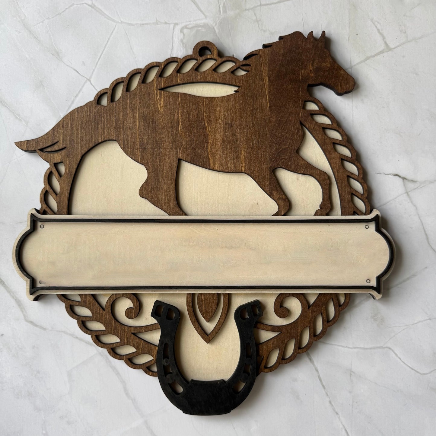 Personalized Horse and Rope Decorative Sign with Horseshoe Accent - Laser cut wood