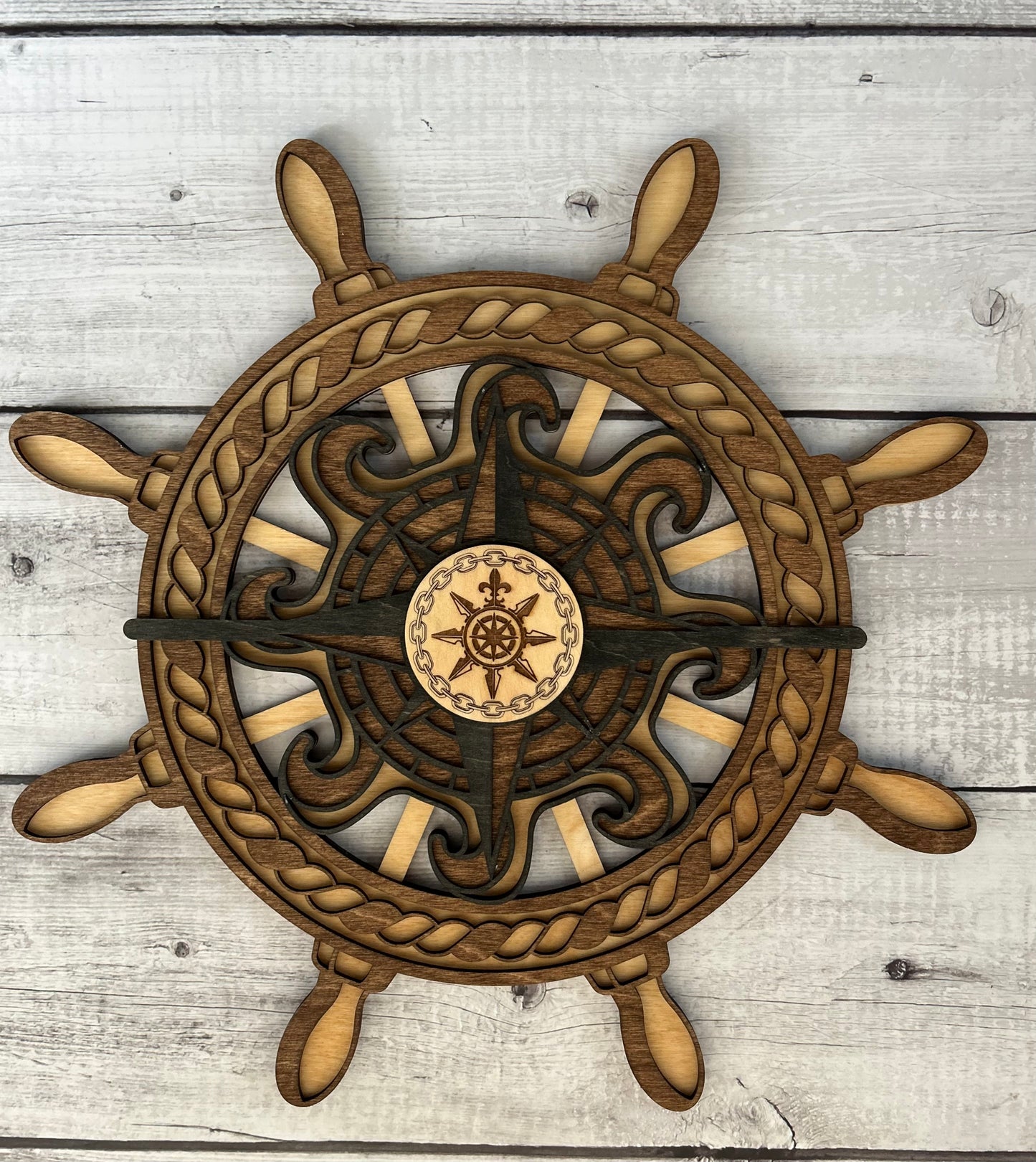 Nautical Ships Wheel with Compass Sign