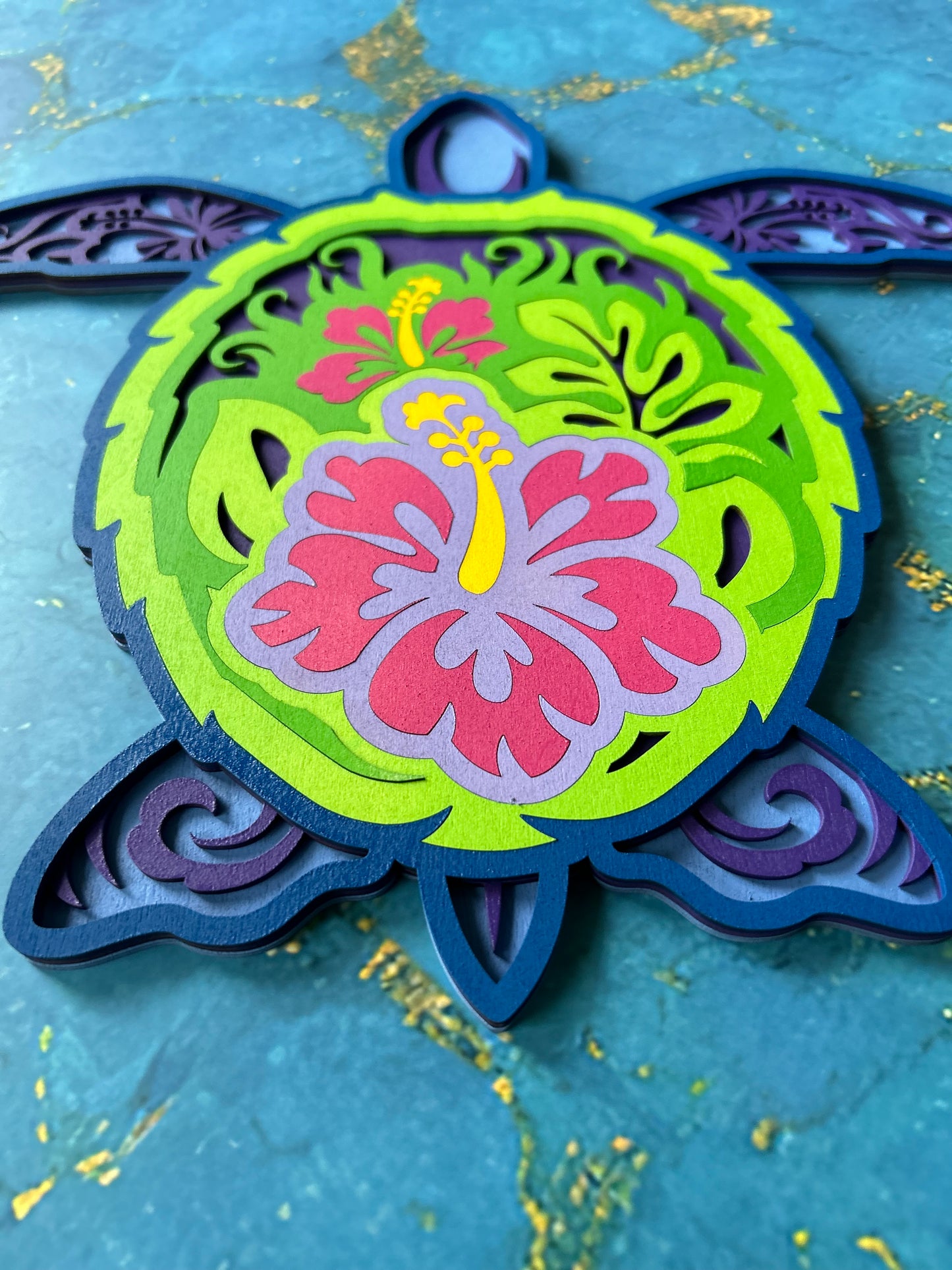 Sea Turtle - Bright colors, laser cut, multi-layer wood, hand painted, great for any room
