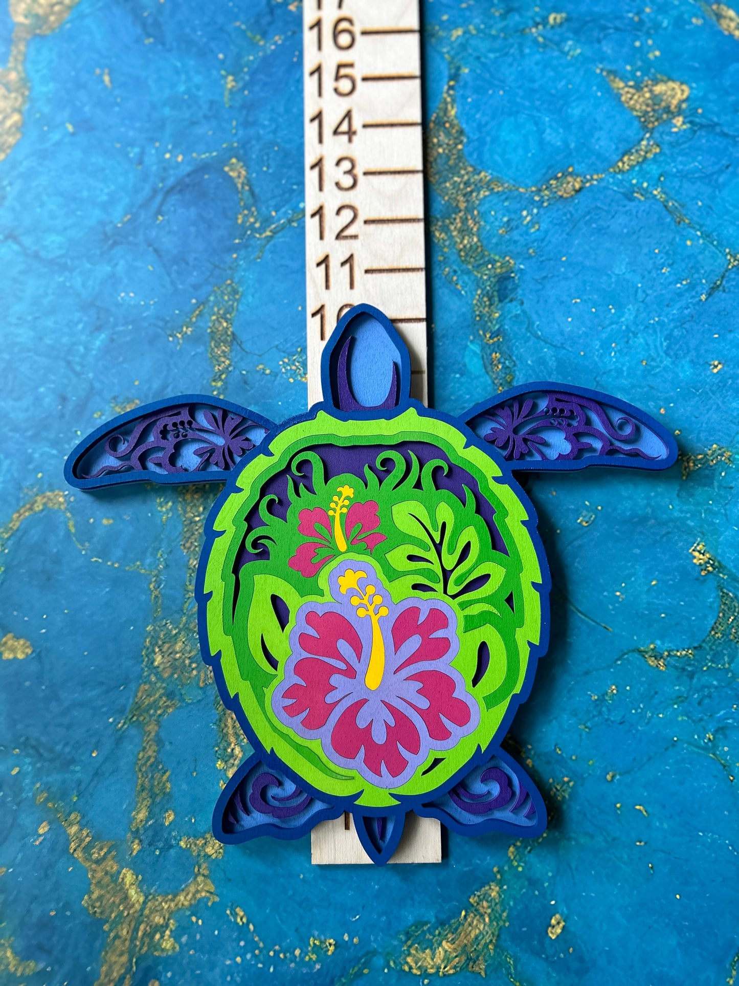 Sea Turtle - Bright colors, laser cut, multi-layer wood, hand painted, great for any room