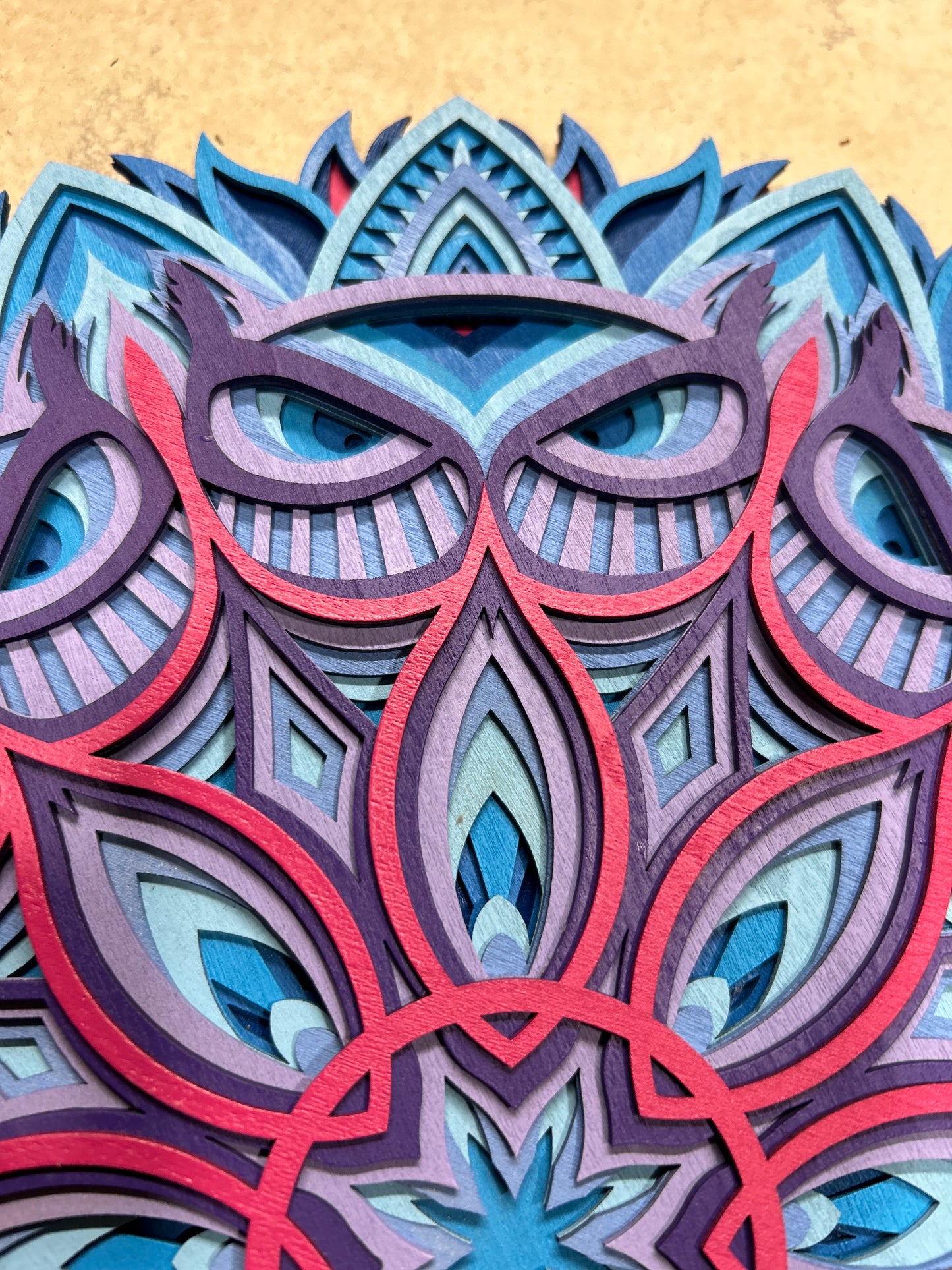 Multi-Layer Mandala Owl - Nine layers of laser cut wood, hand painted