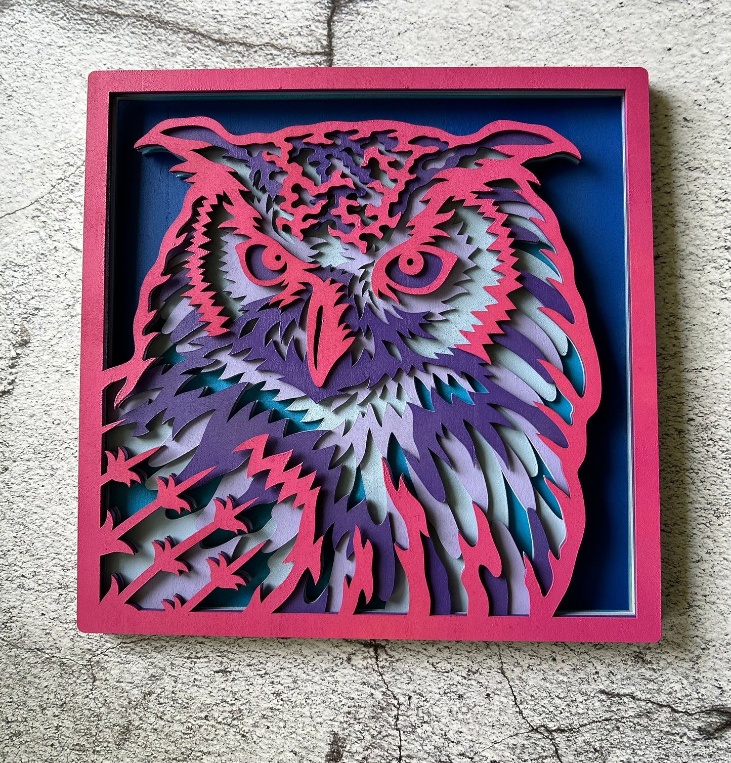 Multi-Layered Owl - Six layers of laser cut wood, hand painted - Bright Colors Version