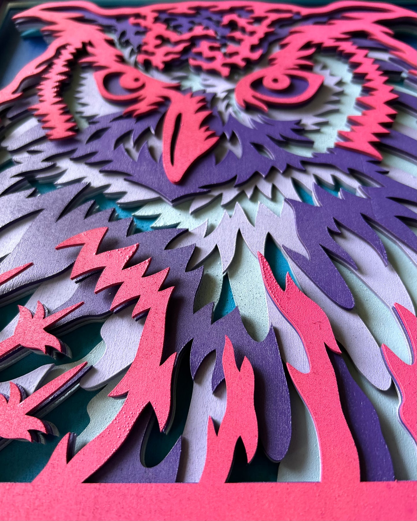 Multi-Layered Owl - Six layers of laser cut wood, hand painted - Bright Colors Version