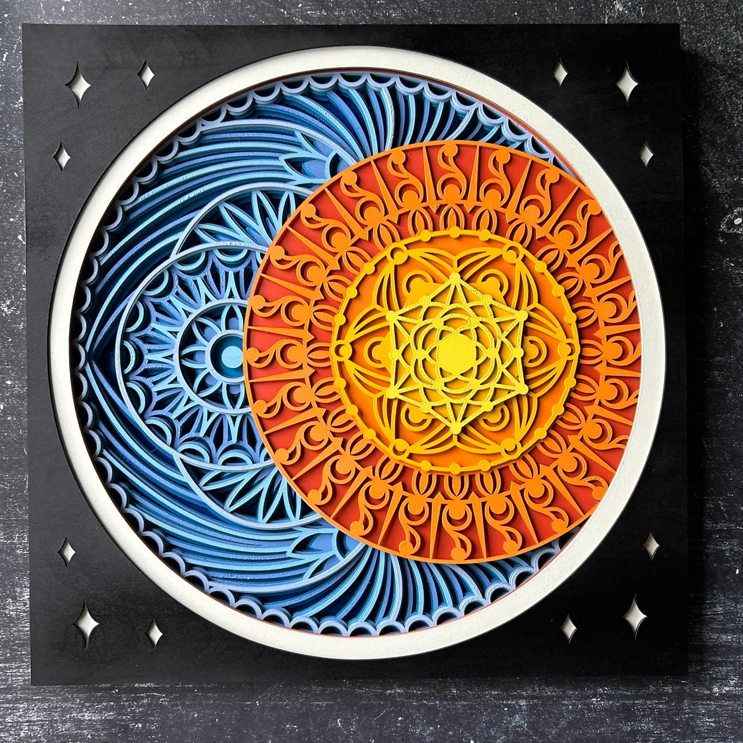 Multi-Layer Mandala Sun, Stars and Sky - Ten layers of laser cut wood, hand painted