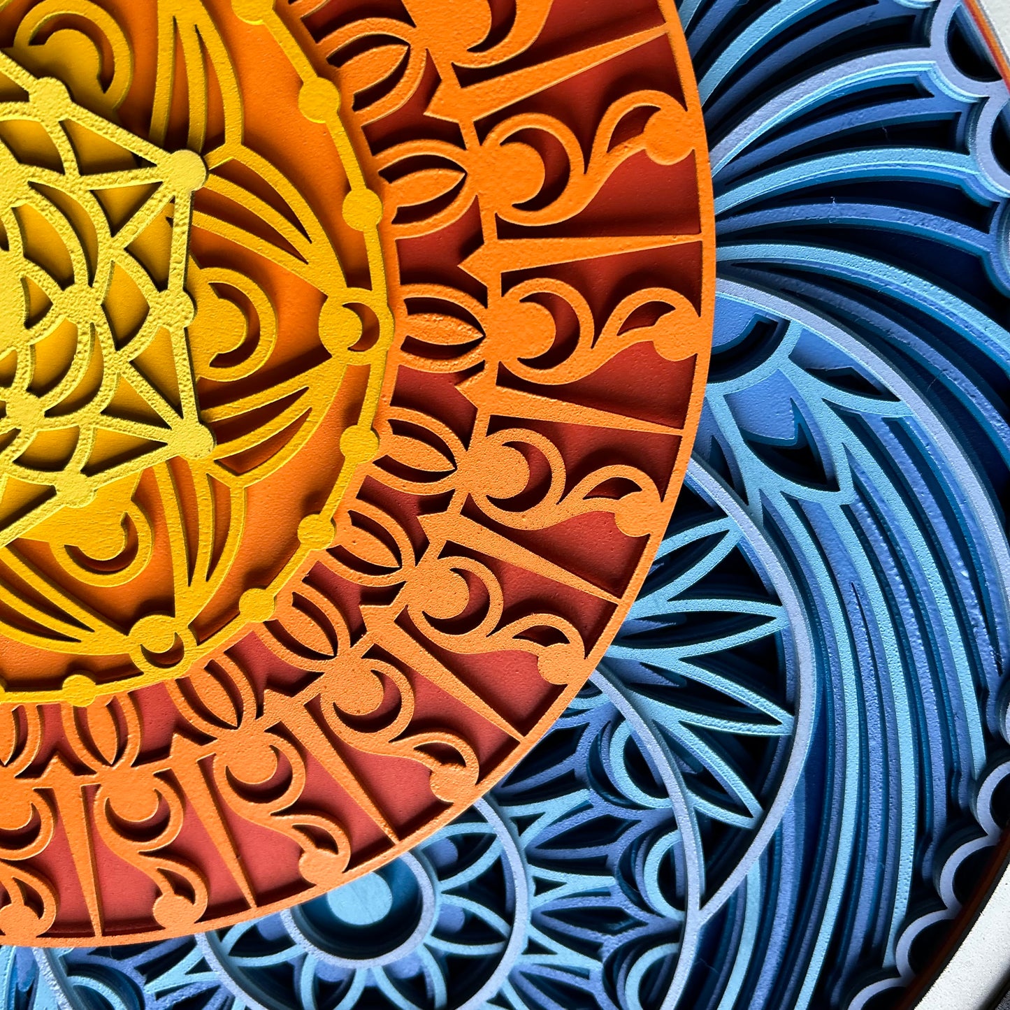 Multi-Layer Mandala Sun, Stars and Sky - Ten layers of laser cut wood, hand painted