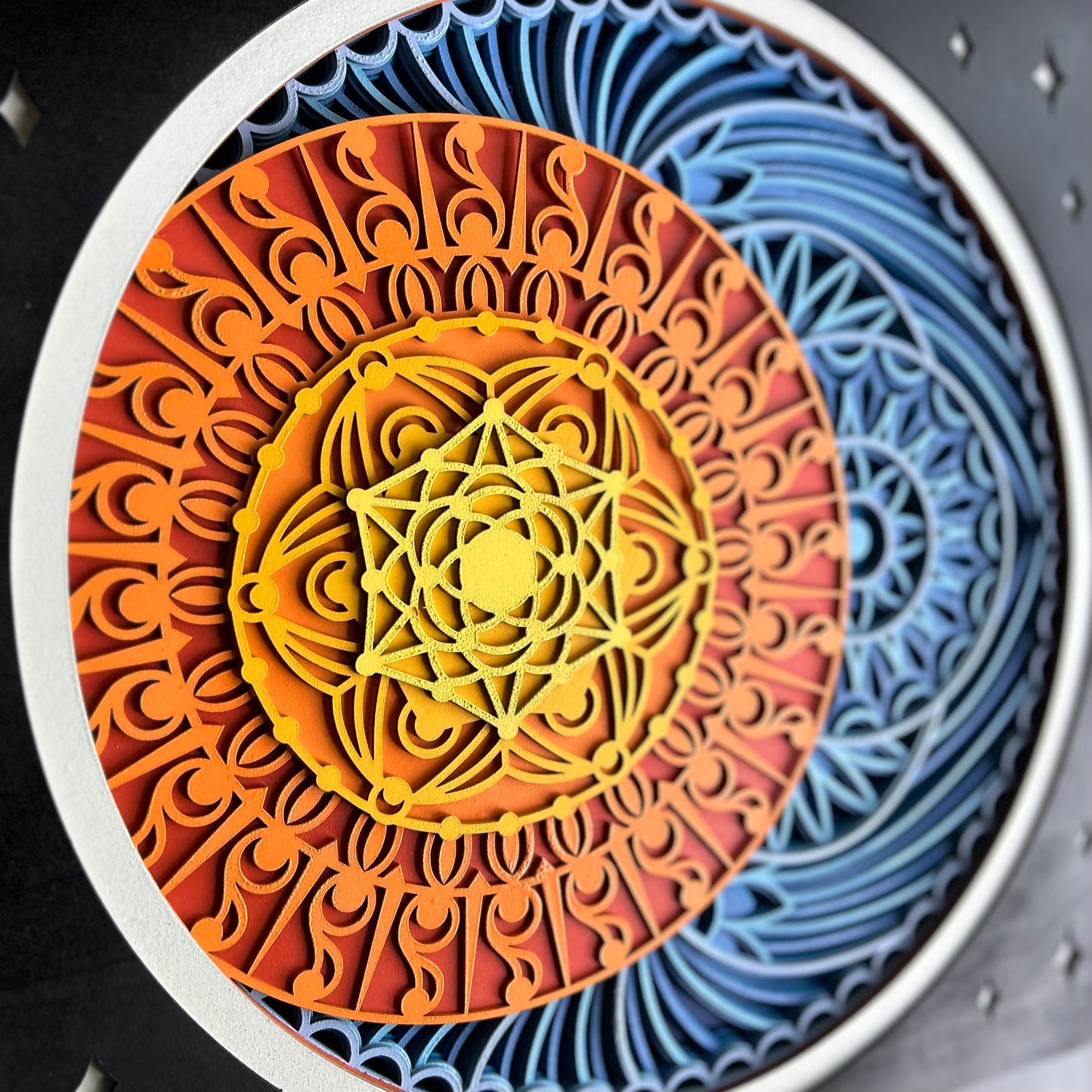 Multi-Layer Mandala Sun, Stars and Sky - Ten layers of laser cut wood, hand painted