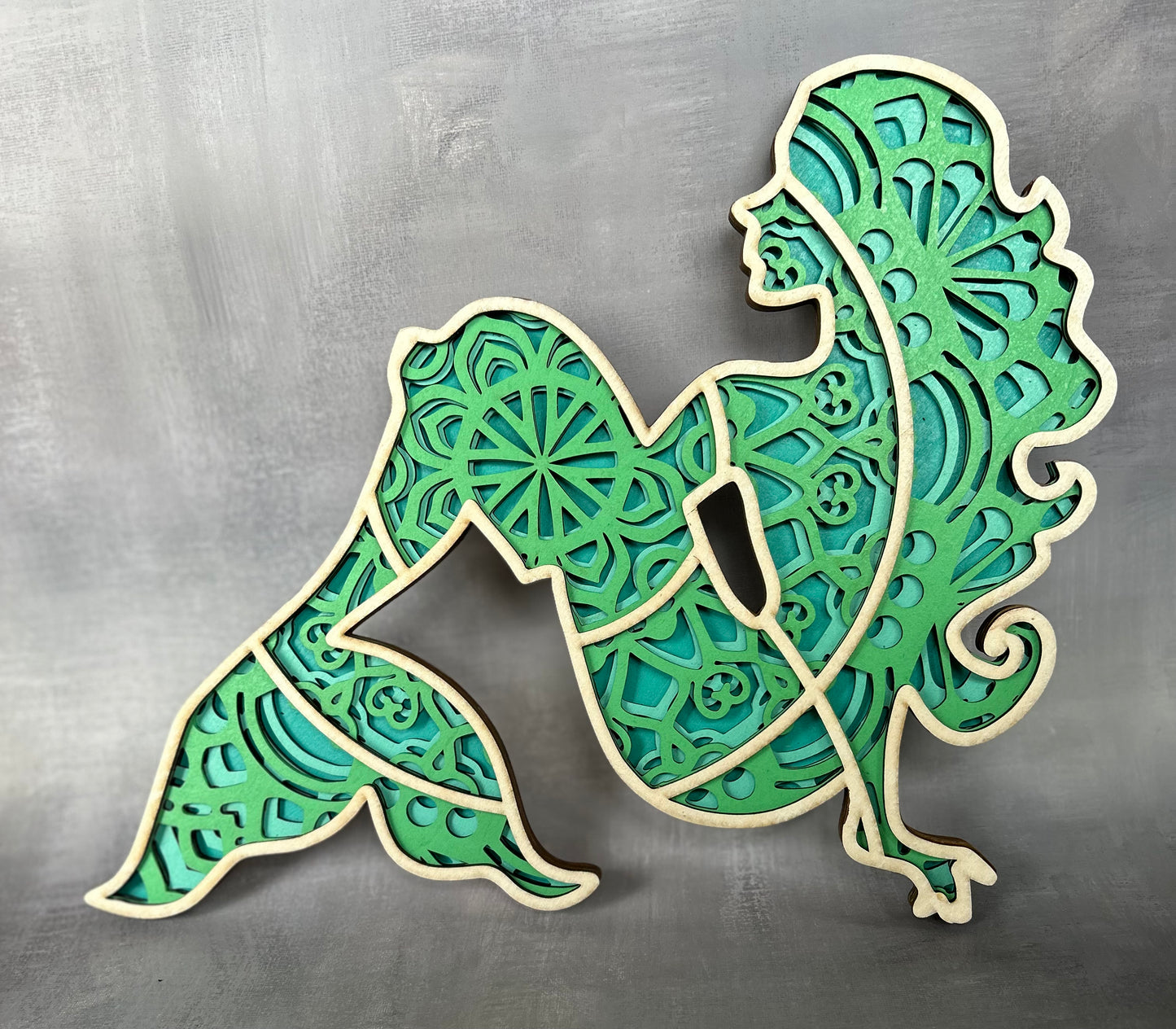 Mandala mermaid made with four laser cut layers, hand painted to create an amazing art piece suitable for any room.