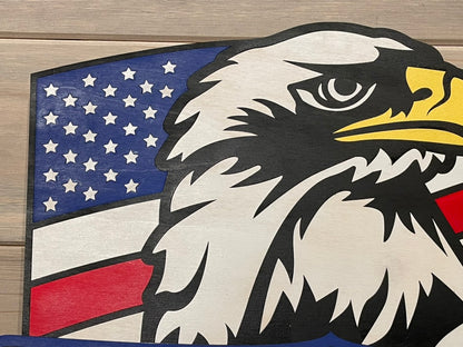 American Eagle with USA Flag background close up left side