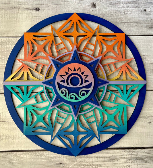 Sun style round, painted to resemble sunset over ocean with plank background