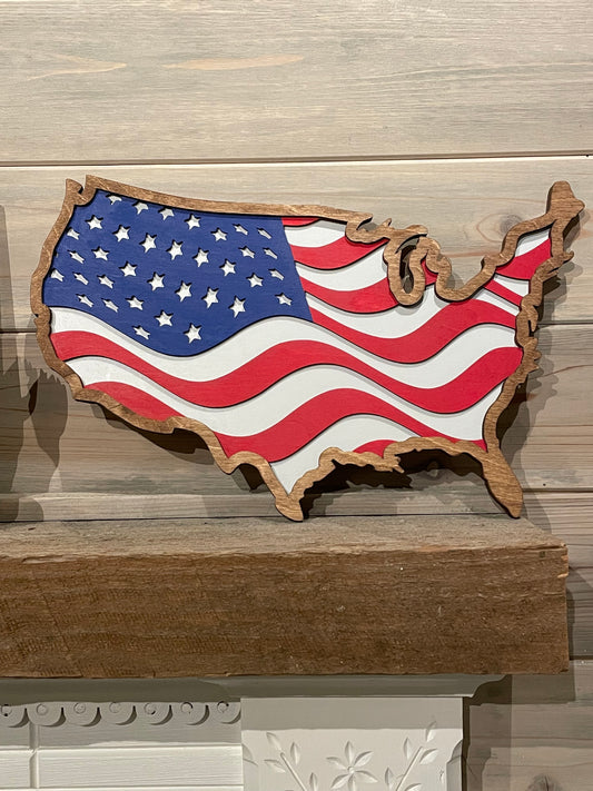 USA with American Flag inlay, painted sitting on a fireplace mantel