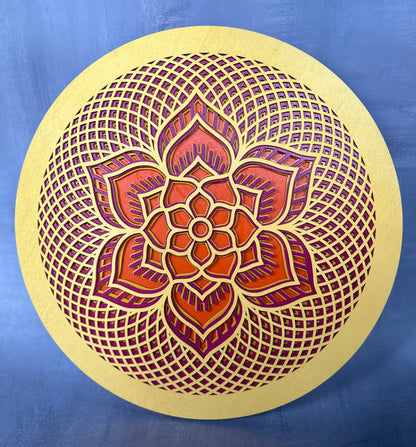 Rosette created with multiple laser cut layers, hand painted in blue and green hues. Also available as unpainted and unassembled.