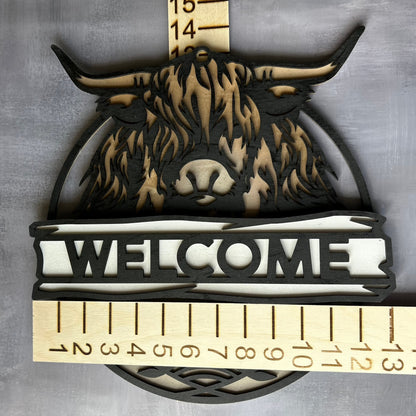 Hyland Cow Welcome sign with grey background and measurements