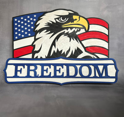 American Eagle with USA Flag background and "Freedom" text with grey background