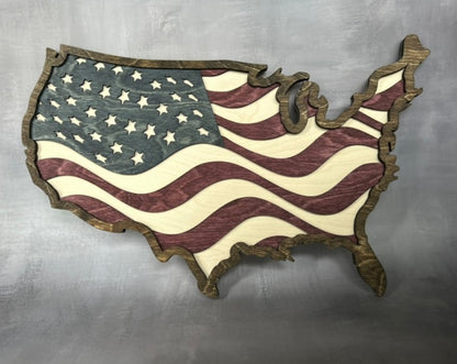 USA with American Flag inlay, stained with a grey background