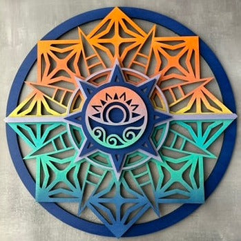 Sun style round, painted to resemble sunset over ocean with grey background