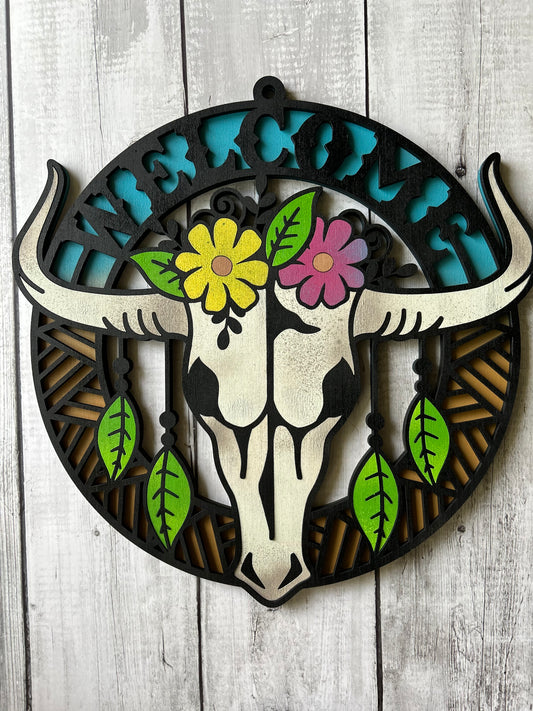 Western Longhorn Wall Art, Flowers - Laser cut, multi-layer wood, hand painted, great for any room