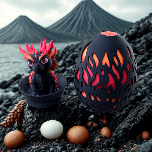 Black and red dragon figurine with a flame-patterned egg on a volcanic landscape.