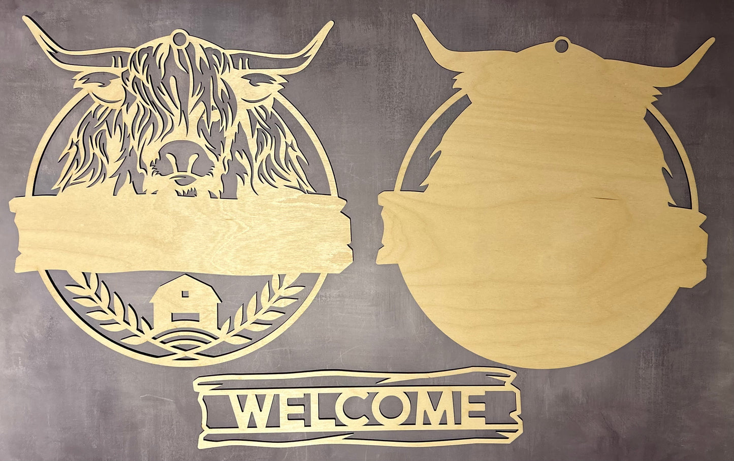 Hyland Cow Welcome sign DIY kit with three pieces, unpainted and unassembled