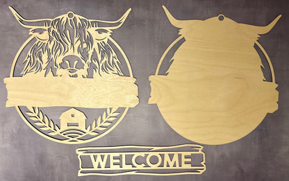 Hyland Cow Welcome sign DIY kit with three pieces, unpainted and unassembled