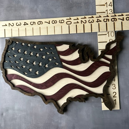 USA with American Flag inlay, stained with a grey background with measurements