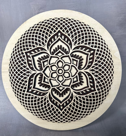 Rosette created with multiple laser cut layers, hand painted in blue and green hues. Also available as unpainted and unassembled.