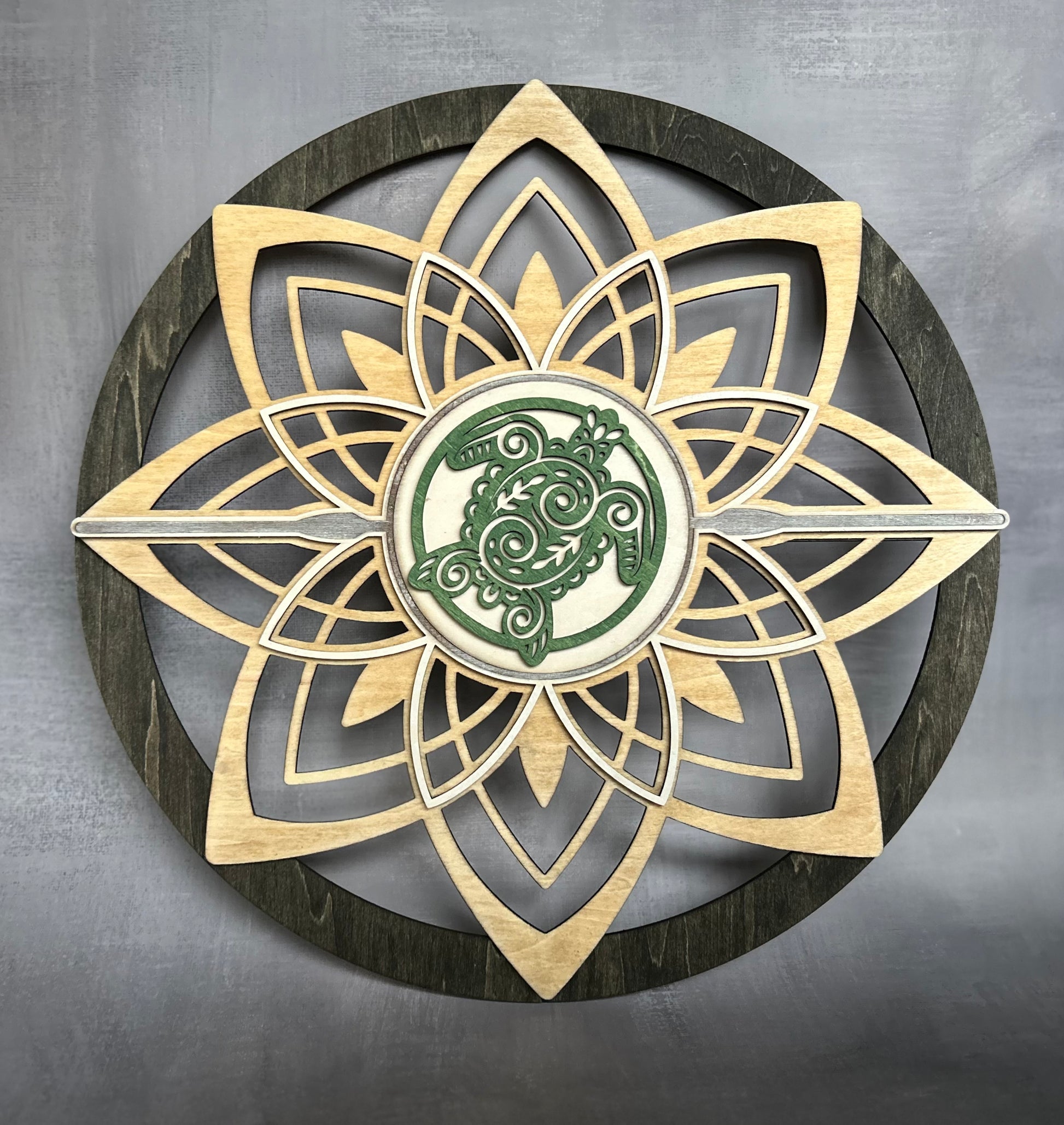 Round flower wall art with sea turtle with grey background