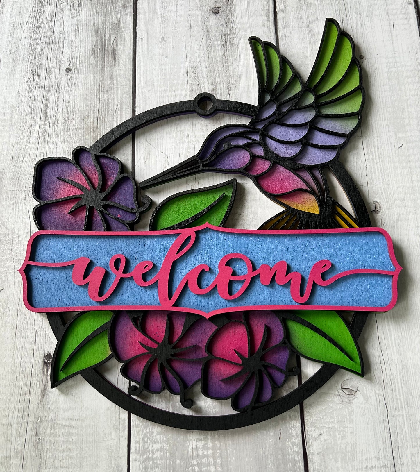 Hummingbird Welcome Sign - Laser cut, multi-layer wood