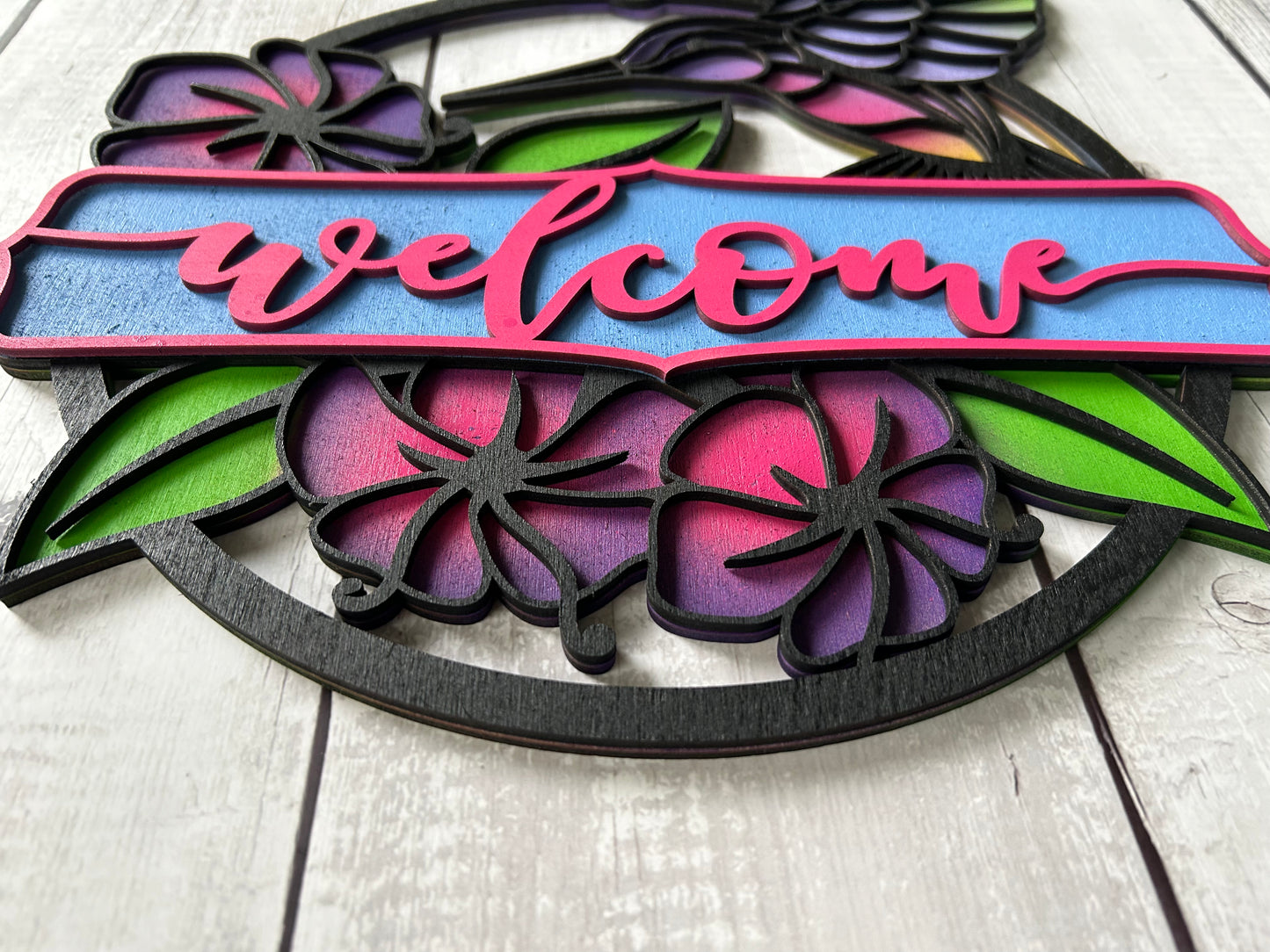 Hummingbird Welcome Sign - Laser cut, multi-layer wood