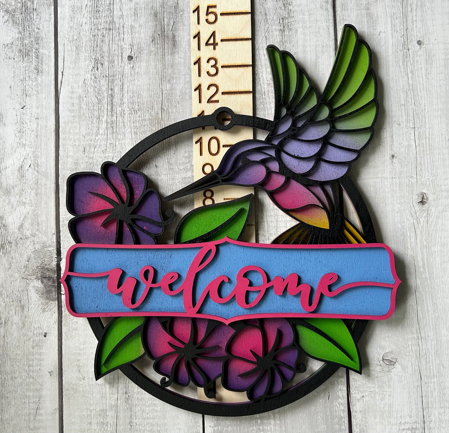 Hummingbird Welcome Sign - Laser cut, multi-layer wood