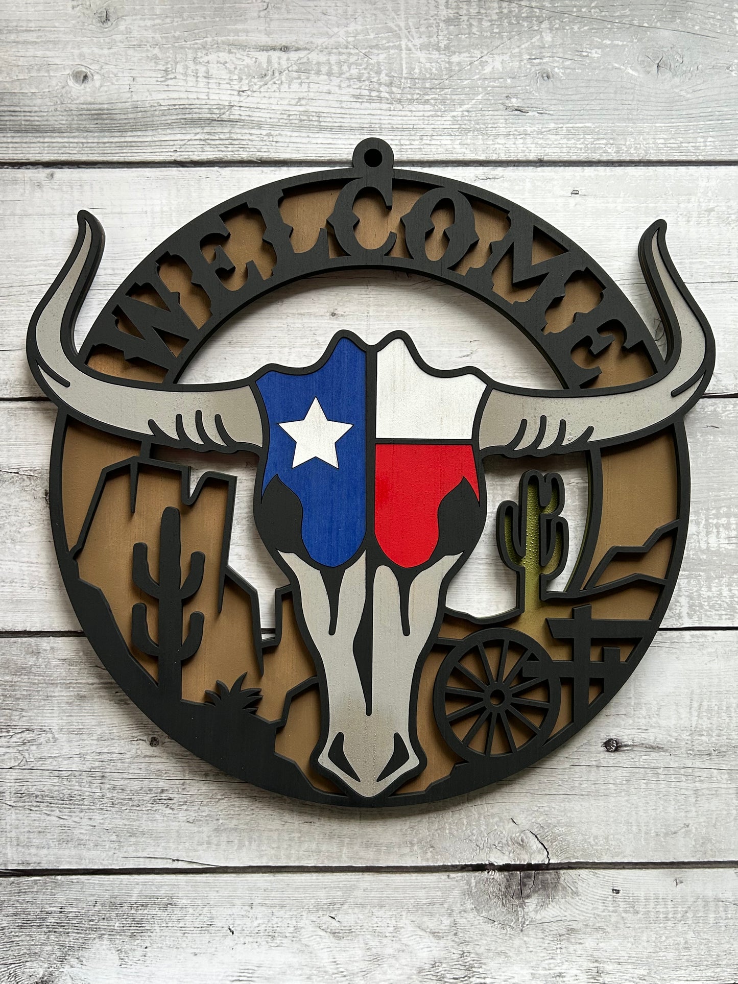 Western Longhorn Wall Art, Texas Flag - Laser cut, multi-layer wood, hand painted, great for any room