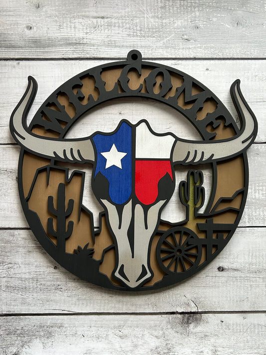 Western Longhorn Wall Art, Texas Flag - Laser cut, multi-layer wood, hand painted, great for any room