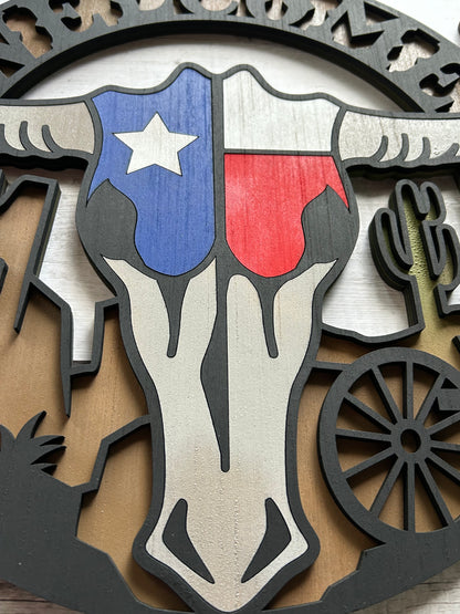 Western Longhorn Wall Art, Texas Flag - Laser cut, multi-layer wood, hand painted, great for any room