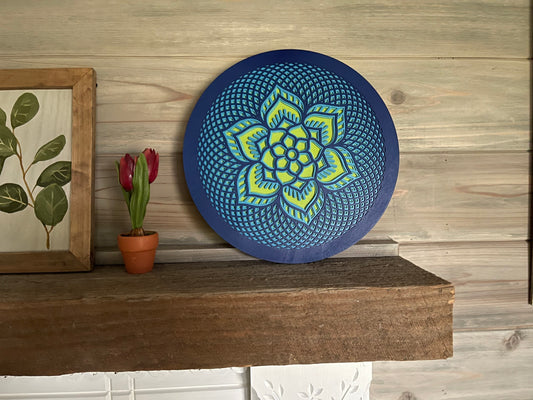 Rosette created with multiple laser cut layers, hand painted in blue and green hues. Also available as unpainted and unassembled.