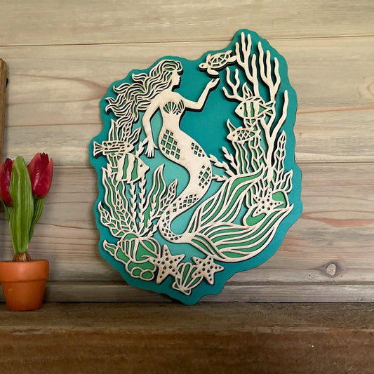 Beautiful Underwater Mermaid Scene with Four Wood Layers