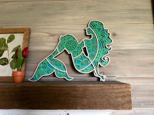 Mandala mermaid made with four laser cut layers, hand painted to create an amazing art piece suitable for any room.