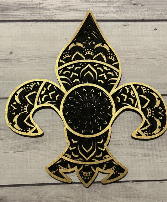 Black and Gold Mandala Fleur de Lis - Laser cut, layered design