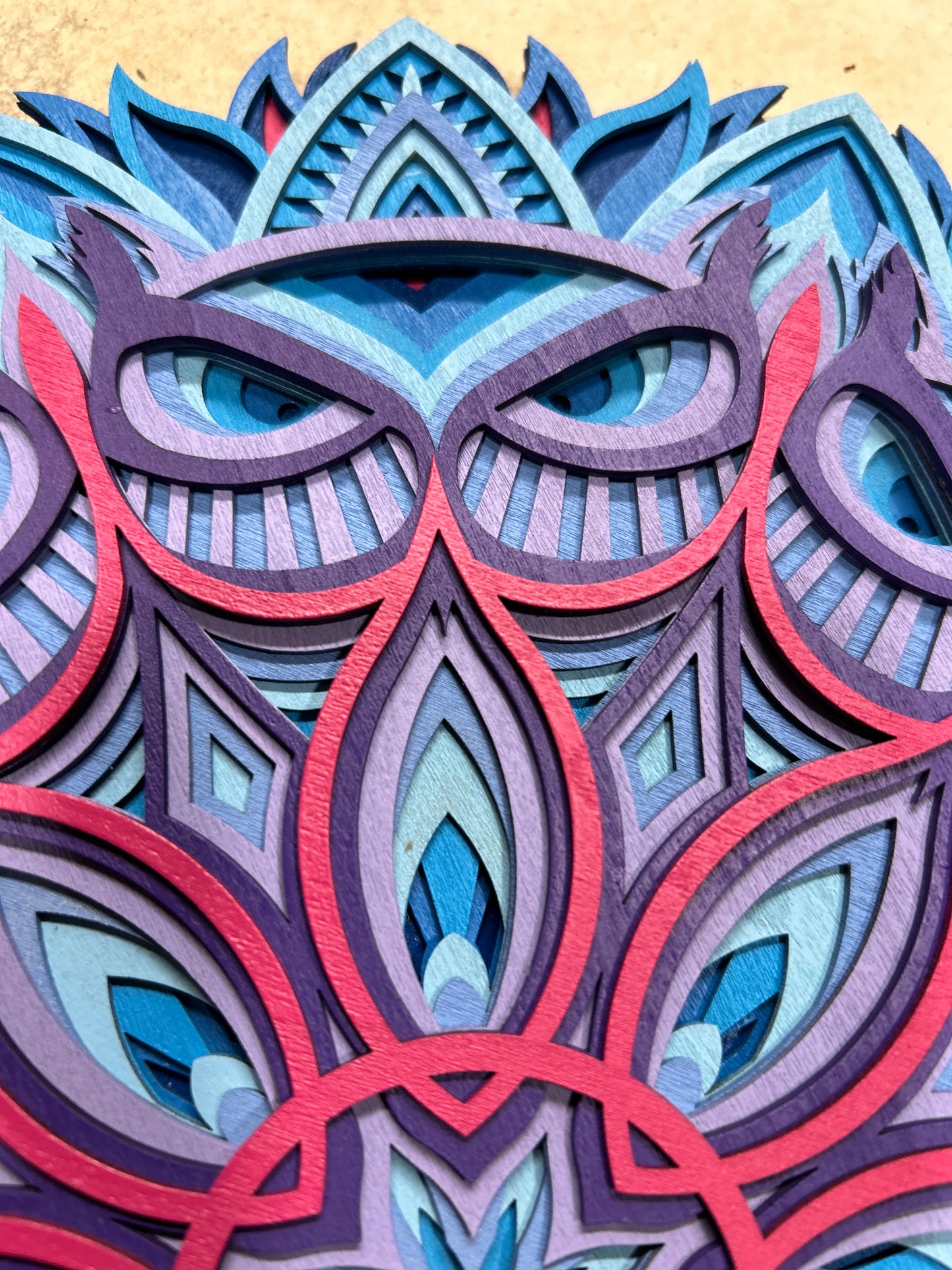 Multi-Layer Mandala Owl - Nine layers of laser cut wood, hand painted