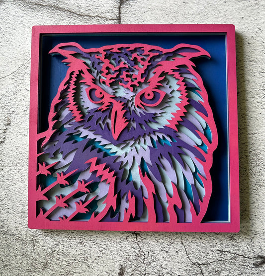 Multi-Layered Owl - Six layers of laser cut wood, hand painted - Bright Colors Version