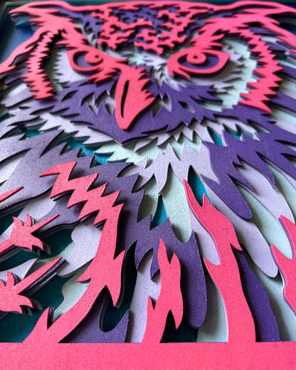 Multi-Layered Owl - Six layers of laser cut wood, hand painted - Bright Colors Version