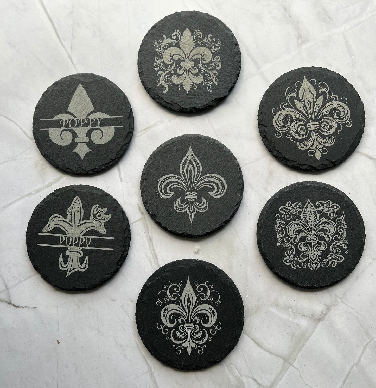 Fluer de Lis slate coasters, laser etched, high contrast