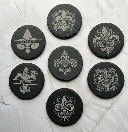 Fluer de Lis slate coasters, laser etched, high contrast