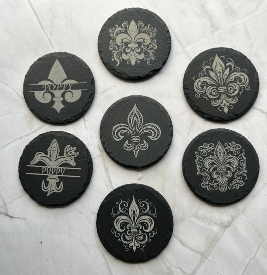 Fluer de Lis slate coasters, laser etched, high contrast