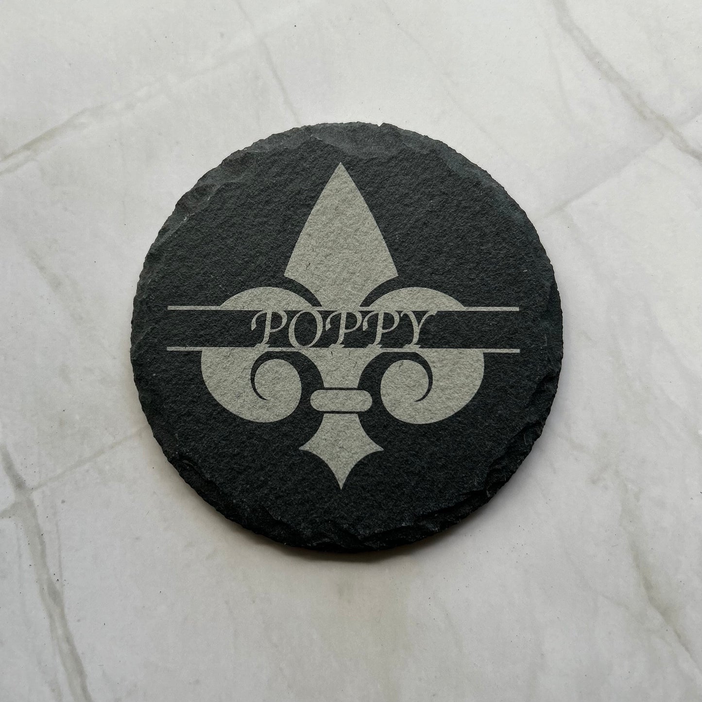Fluer de Lis slate coasters, laser etched, high contrast