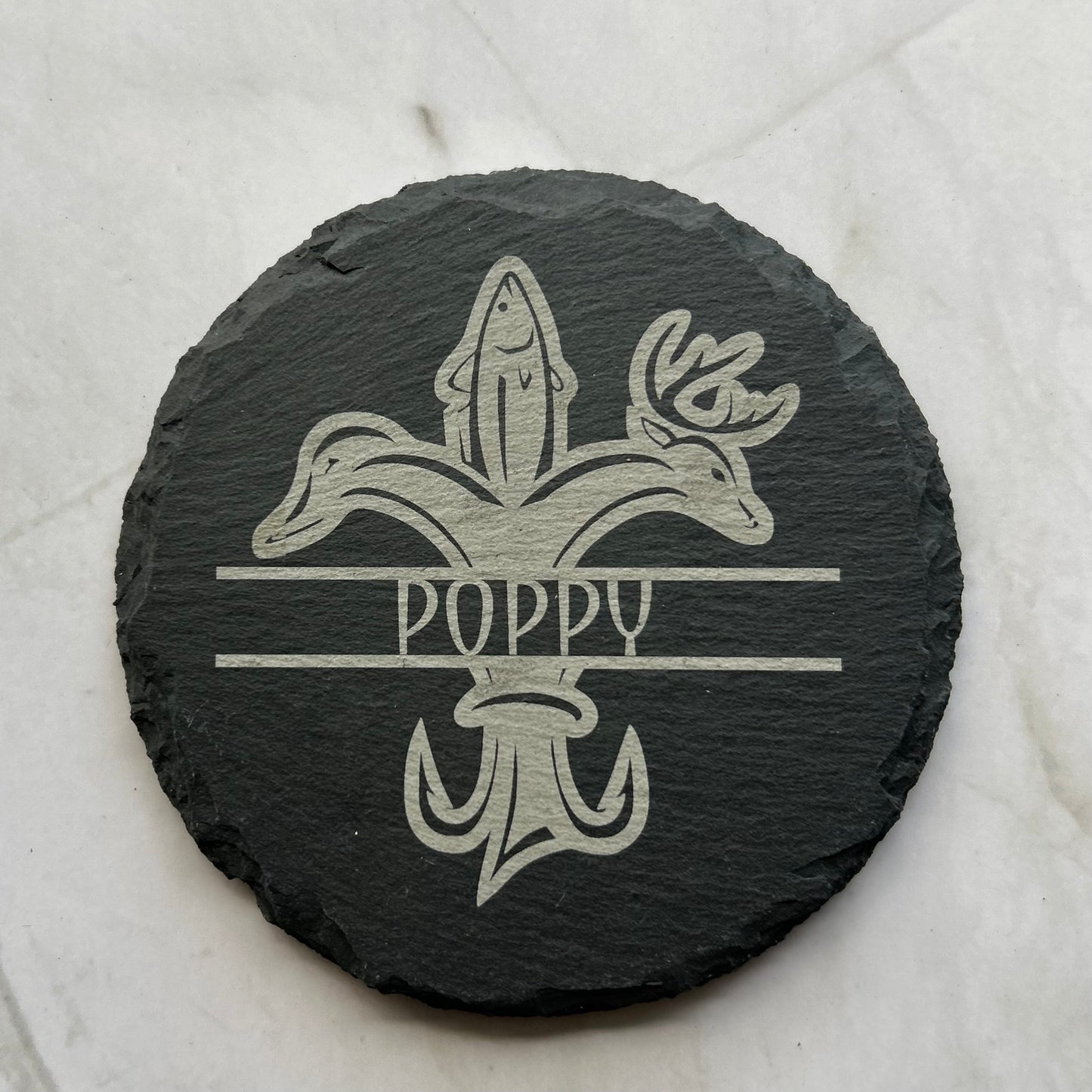 Fluer de Lis slate coasters, laser etched, high contrast