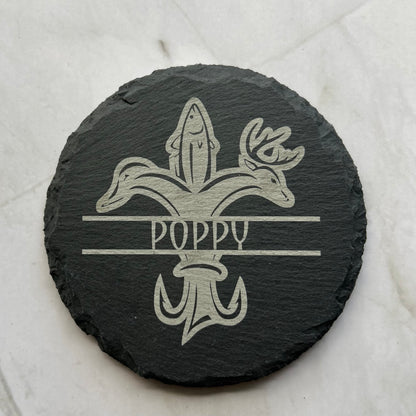 Fluer de Lis slate coasters, laser etched, high contrast
