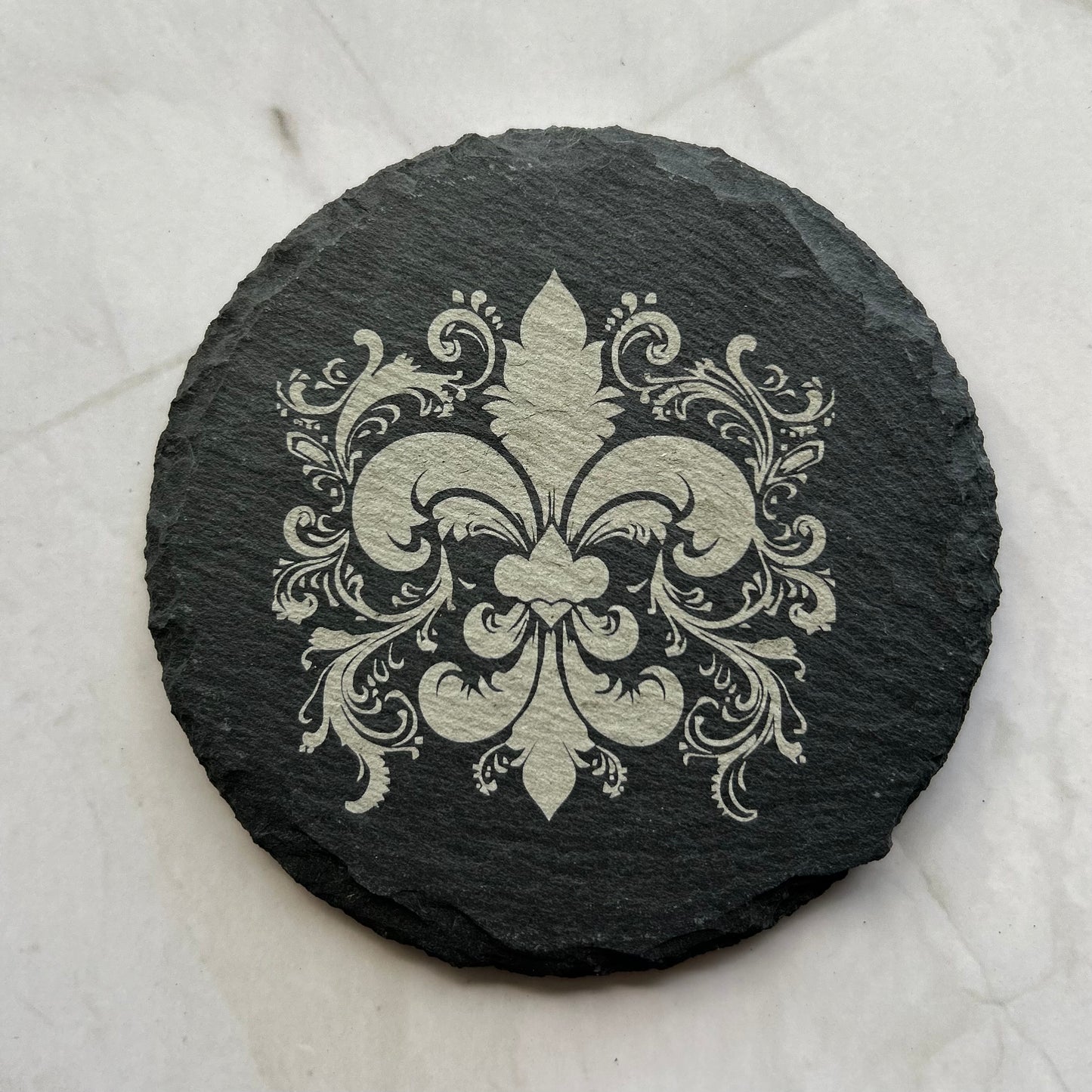 Fluer de Lis slate coasters, laser etched, high contrast