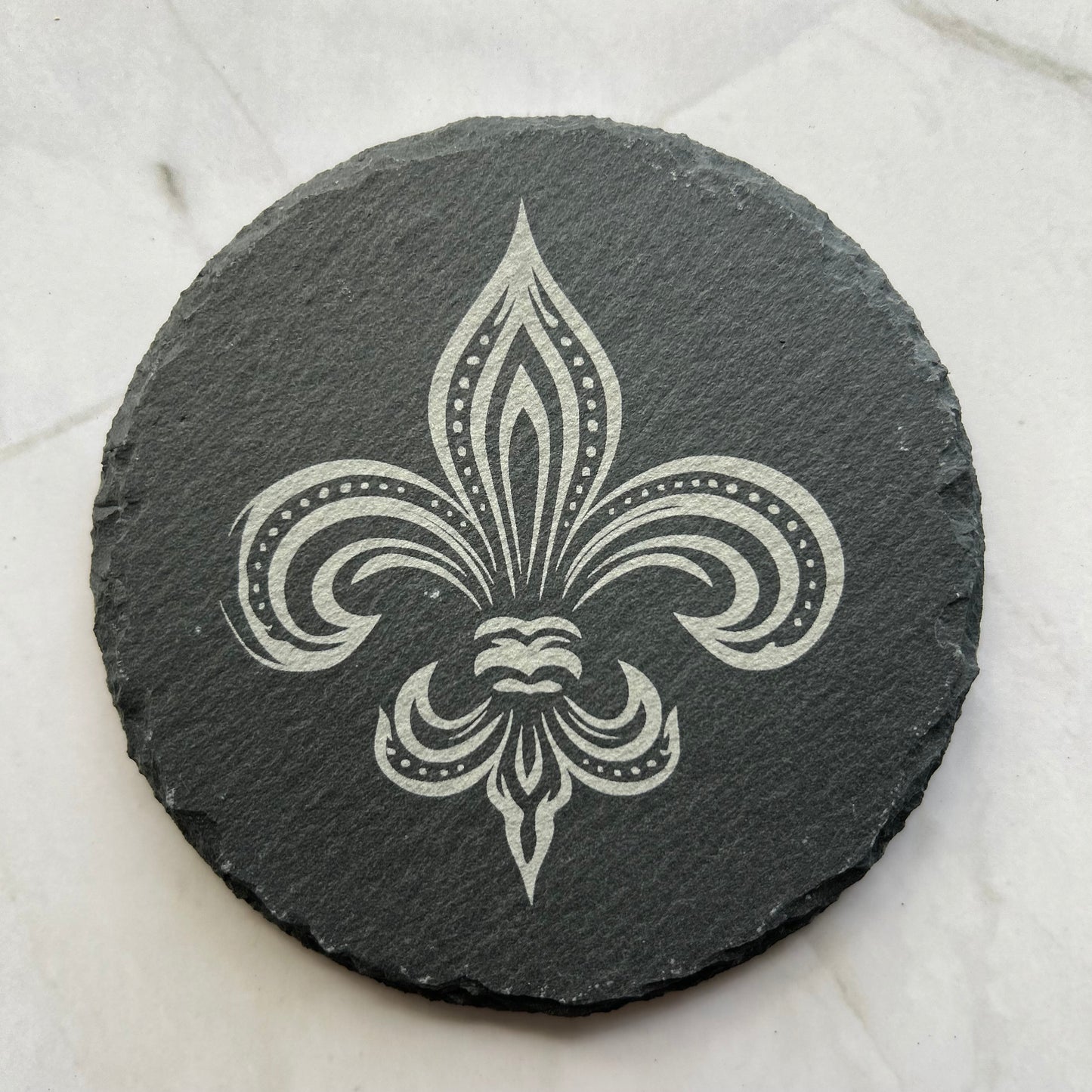 Fluer de Lis slate coasters, laser etched, high contrast