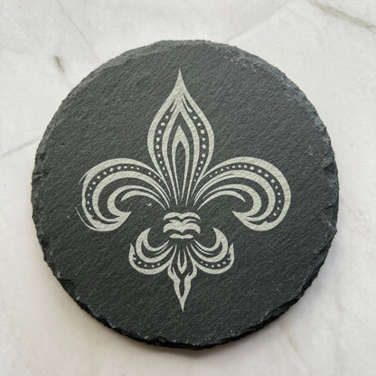 Fluer de Lis slate coasters, laser etched, high contrast