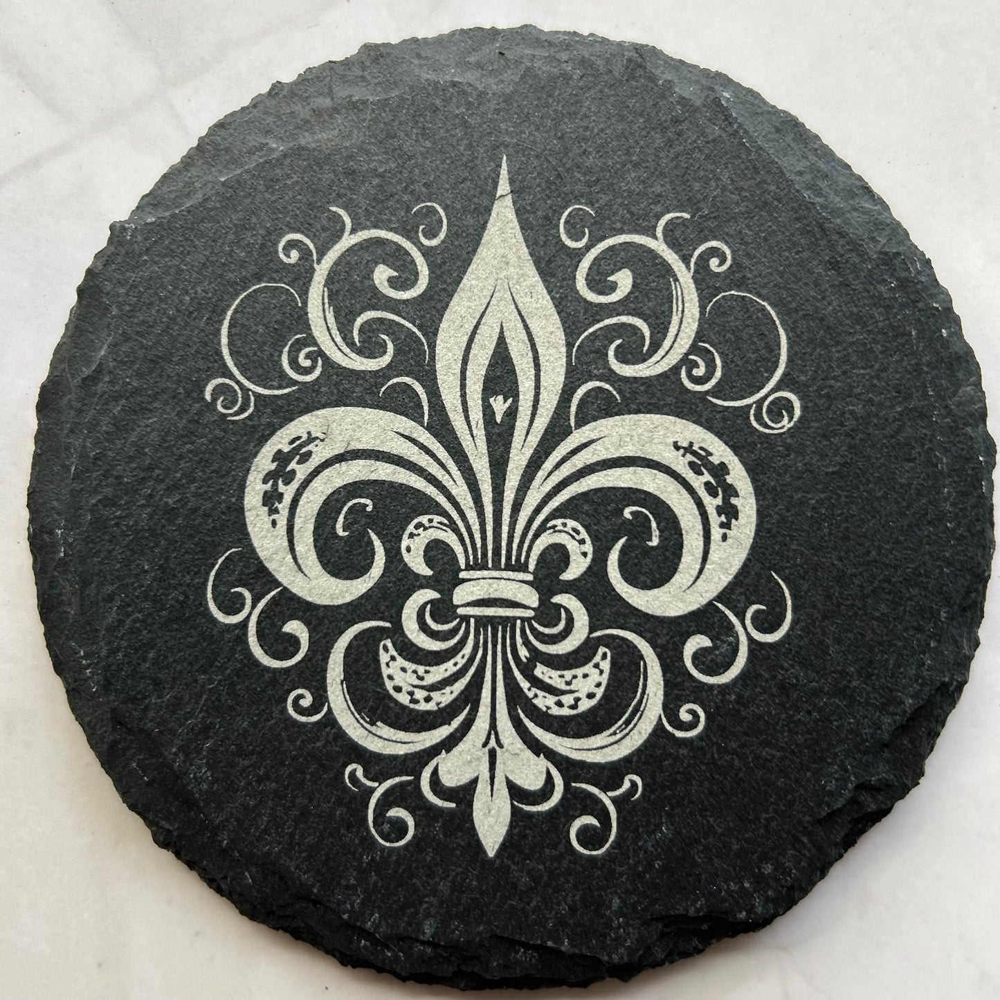 Fluer de Lis slate coasters, laser etched, high contrast