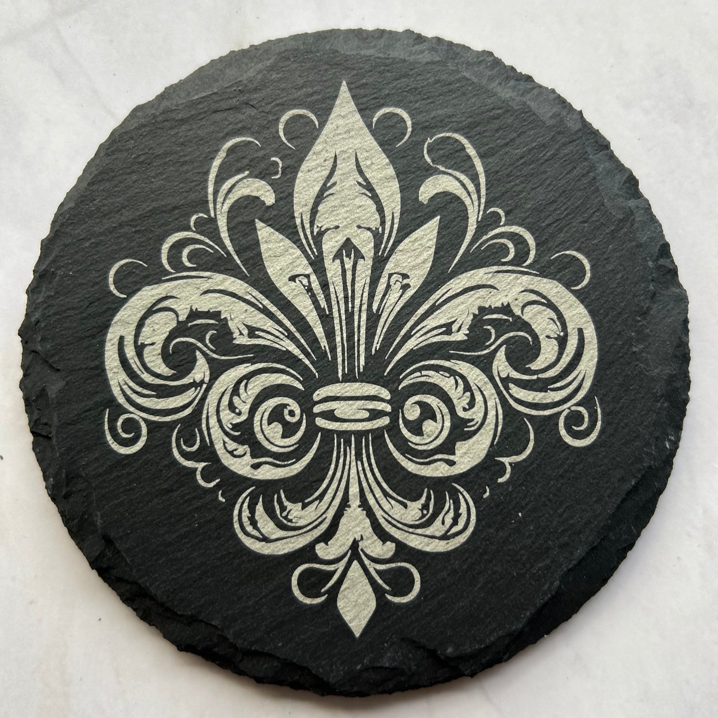 Fluer de Lis slate coasters, laser etched, high contrast